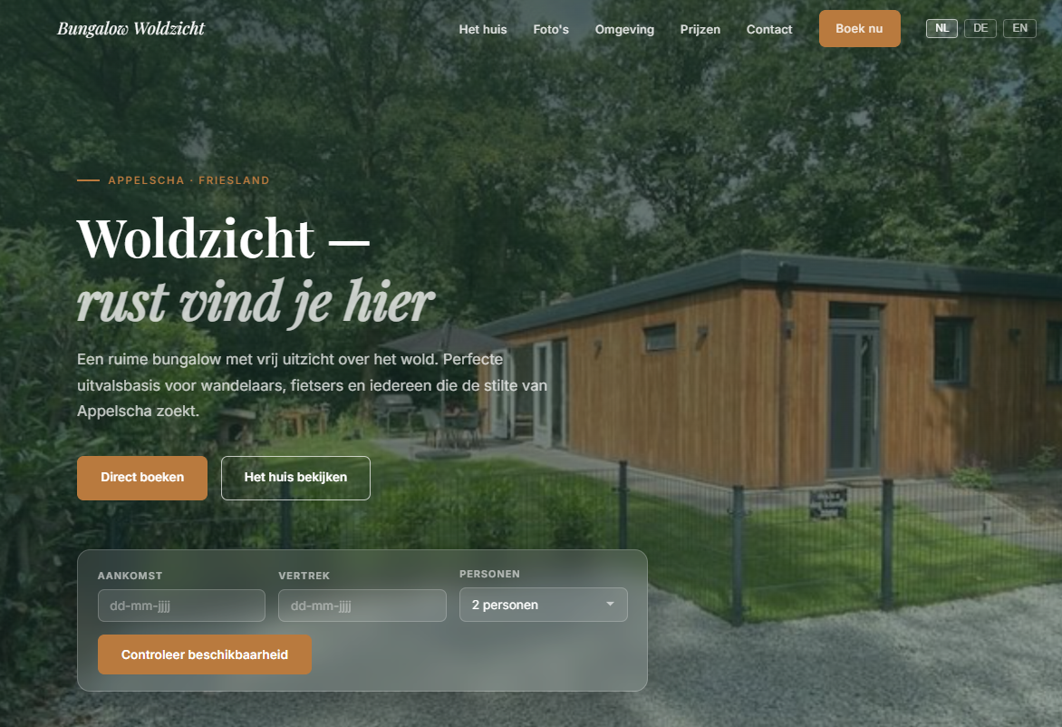 Schermafbeelding van de website van Bungalow Woldzicht